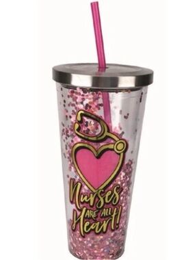 Spoontiques 20 oz Pink Glitter 'Nurses Are All Heart' Tumbler with Straw